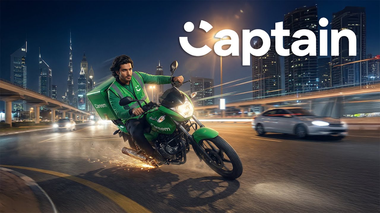 Captain — official poster: a delivery rider on a green motorbike racing through nighttime Dubai with the Burj Khalifa skyline behind.